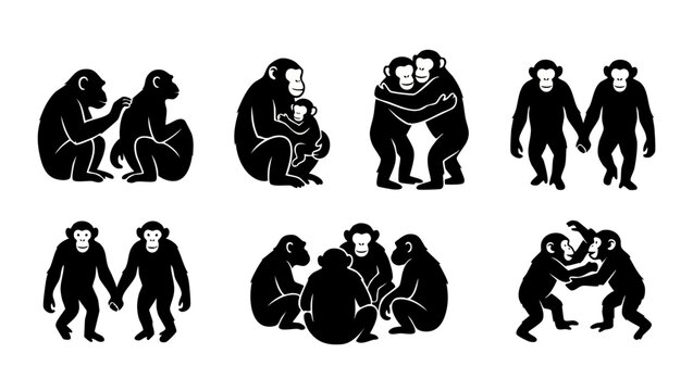 Chimpanzee Silhouette Set, Monkey Icons, Social Interaction Behavior, Animals Holding Hands Hugging And Playing, Vector Graphic Collection Of Primates For Logo Design, Mascot Art And Wildlife Illustra