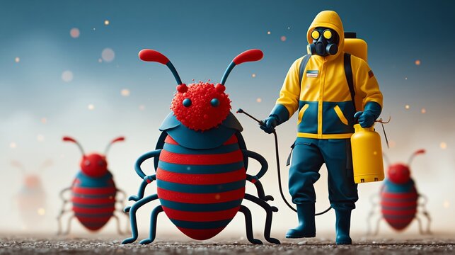Cartoon-style illustration of a pest control worker in a yellow and blue suit spraying a giant striped bug with a gas mask, several similar bugs visible in the background