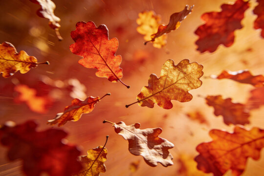 Abstract swirls of oak leaves in autumn colors, red orange and yellow.