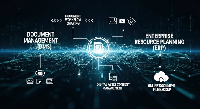 Business Technology Concept with Document Management System (DMS), Enterprise Resource Planning (ERP), and Digital Content Workflow on a Futuristic Cyber Interface