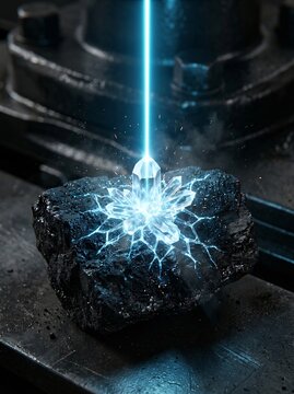 Industrial decarbonization and energy transition concept featuring blue laser transforming black coal into glowing crystal