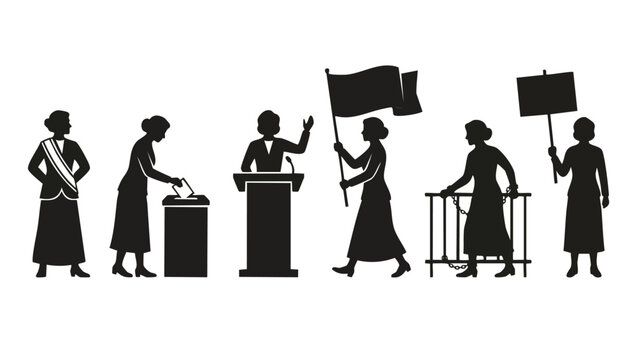 Women's Suffrage Movement Silhouette Set, Historic Fight For Voting Rights And Feminism, Vintage Protest Illustrations Showing Activism, Equality, And Empowerment Of Women Seeking Political Representa