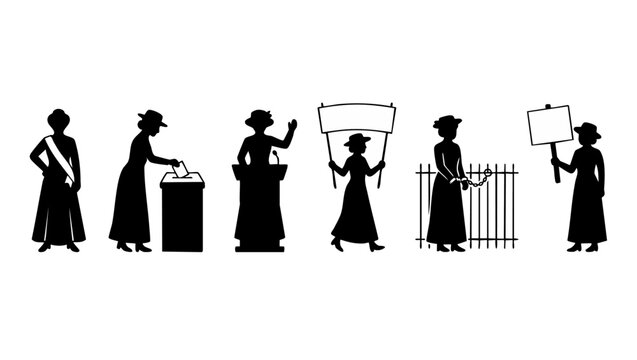 Suffragette silhouettes set for women's rights and history, featuring voting, public speaking, protest marching, and activism, black icons on white background, historical struggle for female equality.