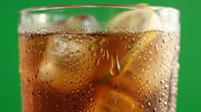 refreshing iced tea with lemon and mint in condensation covered glass on green background