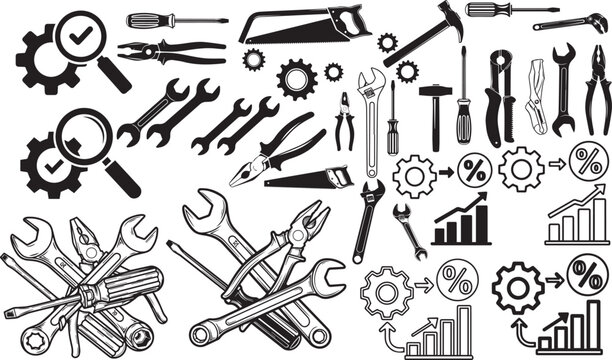 Collection of black and white tools and mechanical components illustration