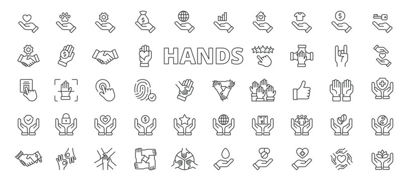 Hands icons in line design. hands, gesture, palm, fingers, touch, hold, grab on white background vector. Hands editable stroke icons