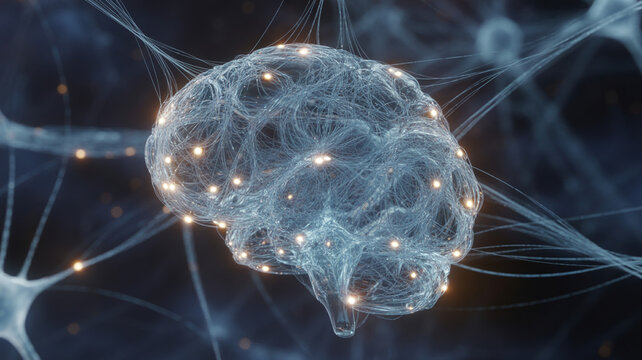 3D rendering of a human brain with neural connections, rendering