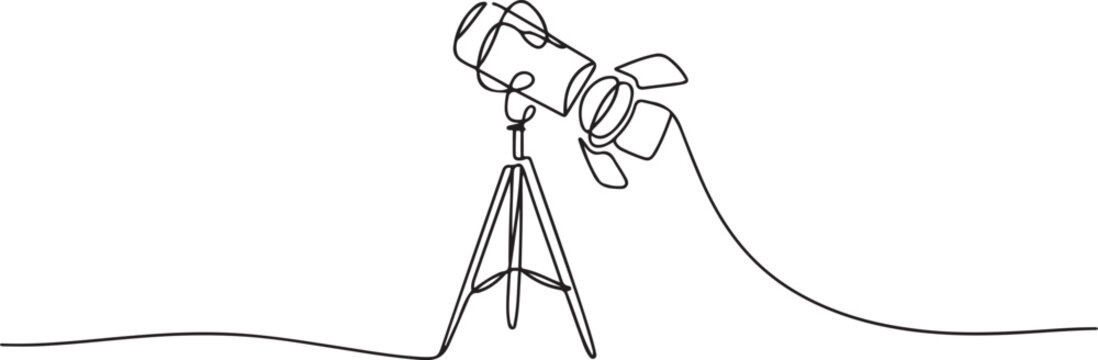 Minimalist one line drawing of a studio spotlight on a tripod with a flowing line, perfect for creative presentations, media industry branding. Single line art. Editable stroke