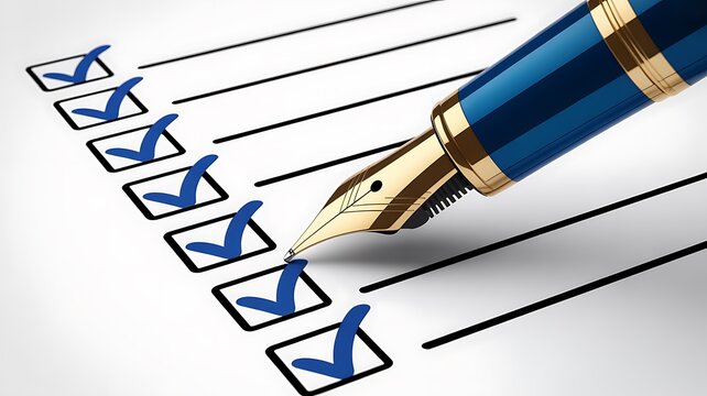 Blue pen, checklist, gold accents, business concept, office supplies, paperwork, to-do list