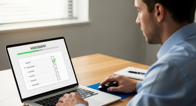 Professional Man Taking Online Assessment and Filling Out Digital Form on Laptop