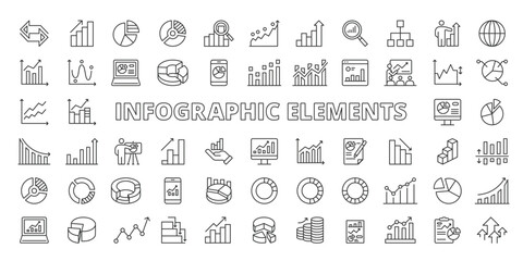 Plakat Infographic elements icons in line design. infographic, chart, graph, data, analytics, diagram, stats on white background vector. Infographic elements editable stroke icons