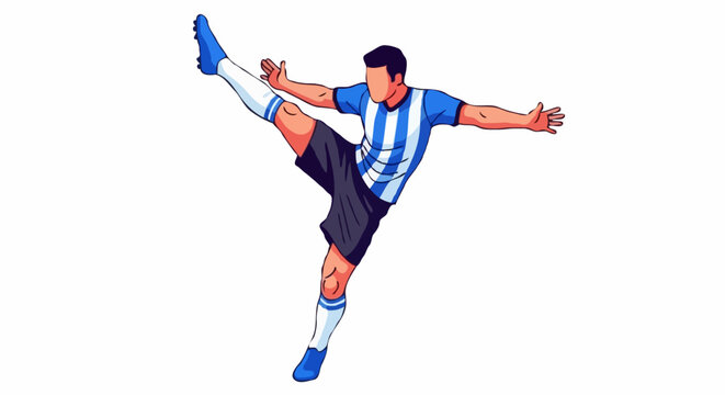 An athletic male soccer player in a blue and white striped jersey, black shorts, and blue cleats performs a dynamic kick, his body in motion with one leg extended high and arms out for balance