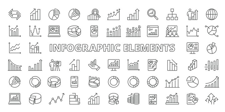 Infographic elements icons in line design. infographic, chart, graph, data, analytics, diagram, stats on white background vector. Infographic elements editable stroke icons