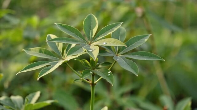 Green plant with water droplets on leaves in a natural setting outdoors