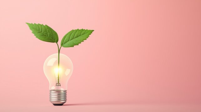A glowing light bulb with green leaves sprouting from it, symbolizing eco-friendly energy and sustainability on a pink background.