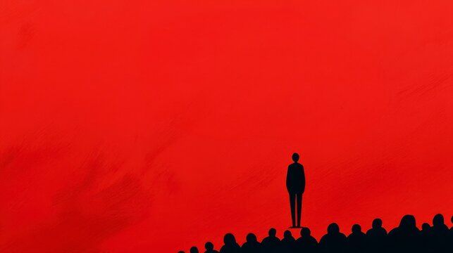 A solitary figure stands elevated above a crowd, set against a striking red background symbolizing leadership or individuality.