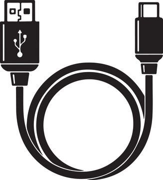 A black and white silhouette vector graphic of a USB-C charging cable, coiled in a circle, representing technology, connectivity, and data transfer for modern devices.