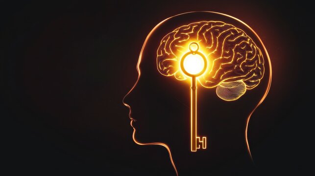 A glowing key inside a human brain silhouette symbolizes unlocking knowledge, creativity, or mental potential.