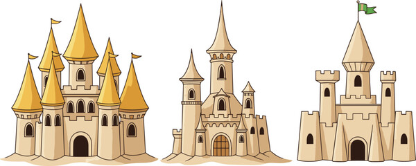 Illustration of Various Sandcastles in Different Styles with Flags and Turrets on a Solid White Background for Beach and Summer Designs © Najir