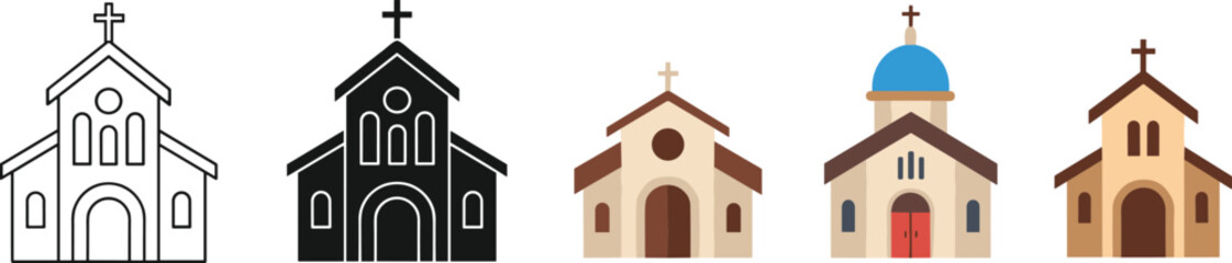 Illustration of Various Church Buildings in Different Styles and Colors Including Crosses and Domes on a Solid White Background © Najir