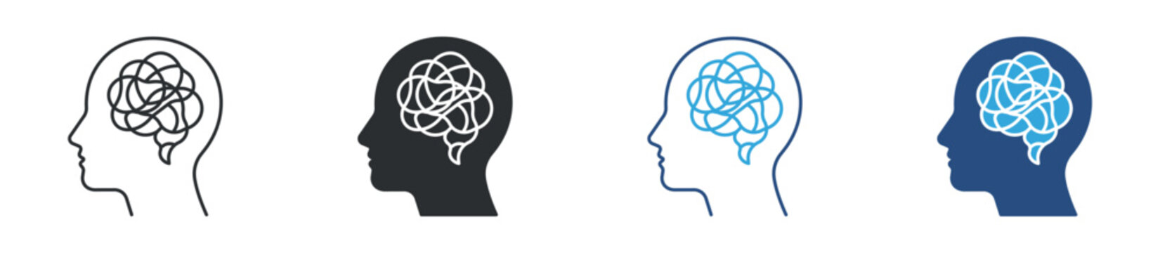 Overthinking mind icon set. human head with tangled brain lines. mental stress and confusion concept. vector illustration.