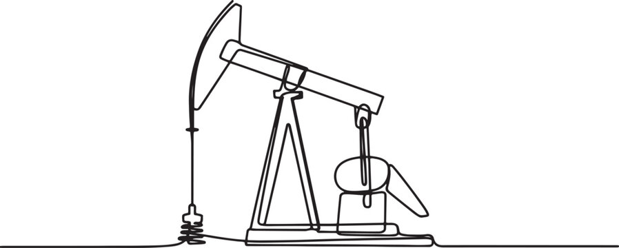 One continuous line drawing of oil pumpjack. Pump station petroleum production and trade industry in simple linear style. Non-renewable energy concept. one line Art icon drawing vector