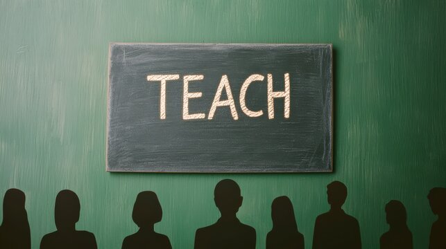 A chalkboard with the word "TEACH" written on it hangs above silhouettes of six people, symbolizing education and learning.