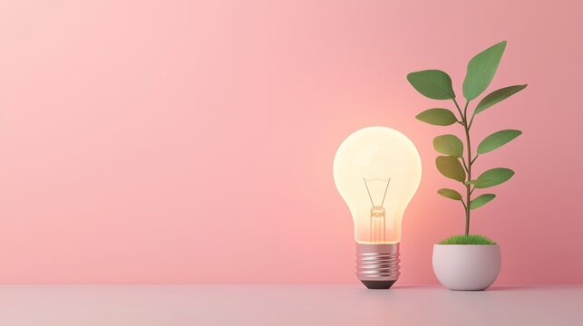 A glowing light bulb and a small green plant in a white pot sit side by side against a pink background, symbolizing growth and innovation.