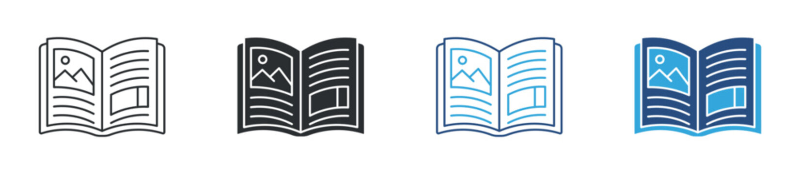 Magazine icon set. open magazine with pages and images. publishing, editorial and print media concept. vector illustration.