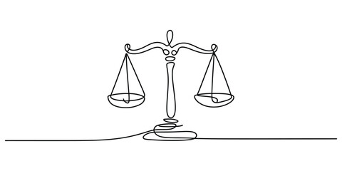Justice scale icon drawn in a single continuous black line style © Bilas