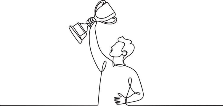 One line drawing of a man holding a trophy, success and victory concept. one line Art icon drawing vector