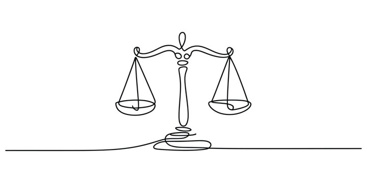 Justice scale icon drawn in a single continuous black line style