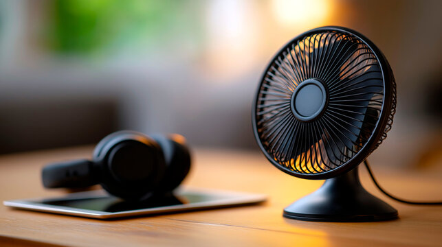 Black portable electric fan on desk with headphones and tablet in warm ambient light creating modern cozy workspace cooling setup