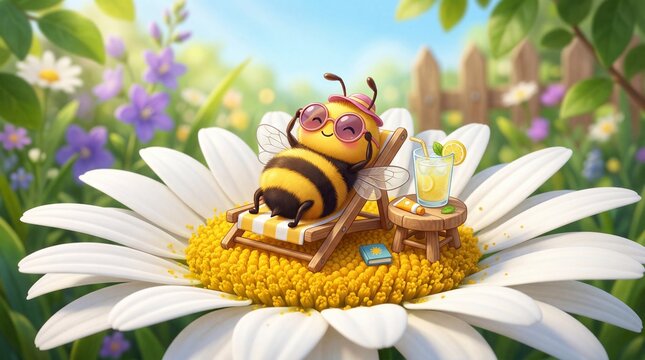 A cute bee is sunbathing on a deck chair inside a daisy, in cartoon style, Generative AI, could be useful for child books