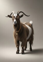 Obraz premium Portrait of a brown and white goat stands against a neutral background.