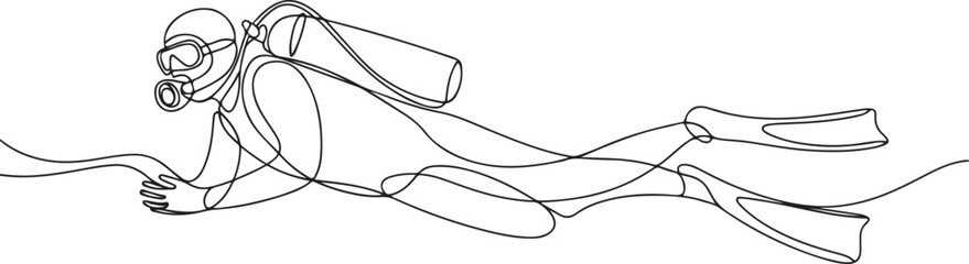 Single continuous line drawing of scuba diver. The concept of sport is a journey of scuba diving. Single line art. Editable stroke © Hasho 