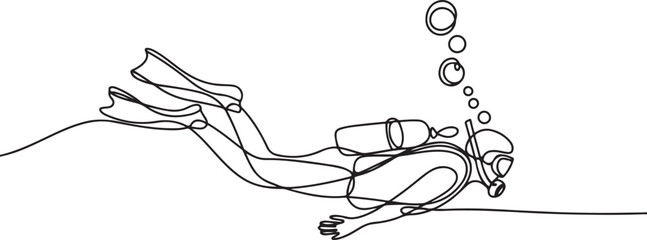 Single continuous line drawing of scuba diver. The concept of sport is a journey of scuba diving. Single line art. Editable stroke © Hasho 