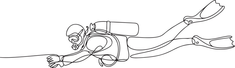 Single continuous line drawing of scuba diver. The concept of sport is a journey of scuba diving. Single line art. Editable stroke © Hasho 