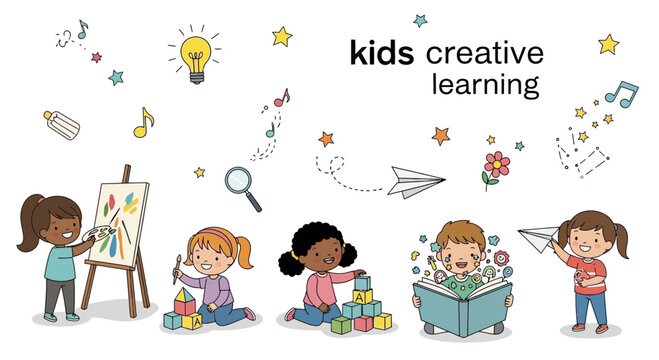 Children Engaged in Creative Learning Activities: Art, Building Blocks, Reading, and Imagination