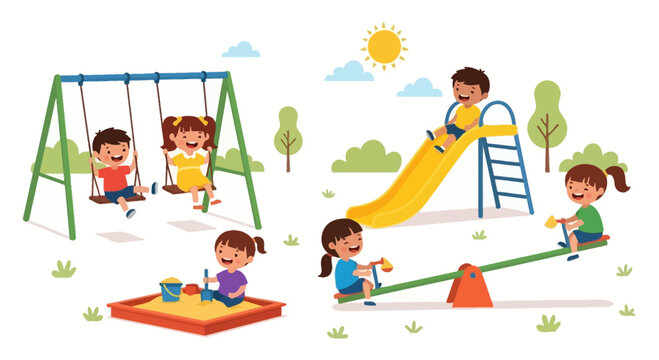 Children Playing on Playground Equipment: Swing Set, Slide, Sandbox, and Seesaw