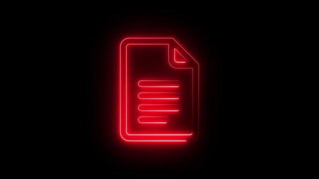 important file concept video in 4k.Neon red document icon with glowing lines representing text, digital file symbol, glowing paper sign on black background