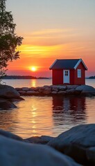 Fototapeta premium Picturesque Red Fishing House on Rocky Coastline Under Vibrant Sunset Over Tranquil Sea Landscape