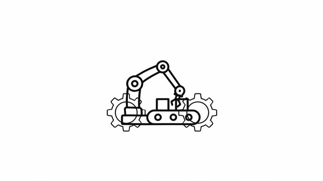 Animated line art icon depicting an industrial robot arm working on a conveyor belt with rotating gears, symbolizing factory automation, modern manufacturing, and technological efficiency.