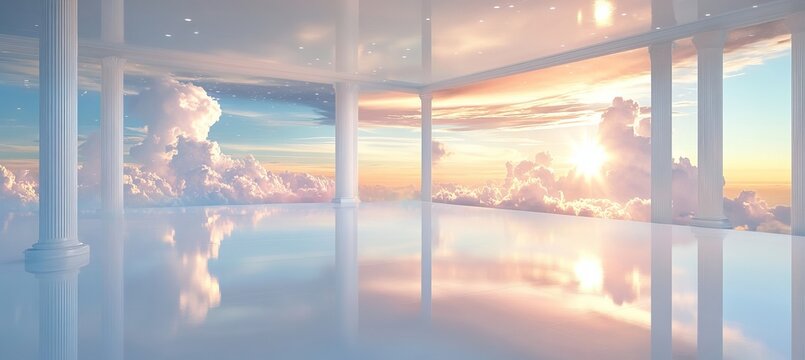Tranquil Reflections A Dreamy Mirrored Room Under a Vast Sky with Soft Cloudy Views and Light