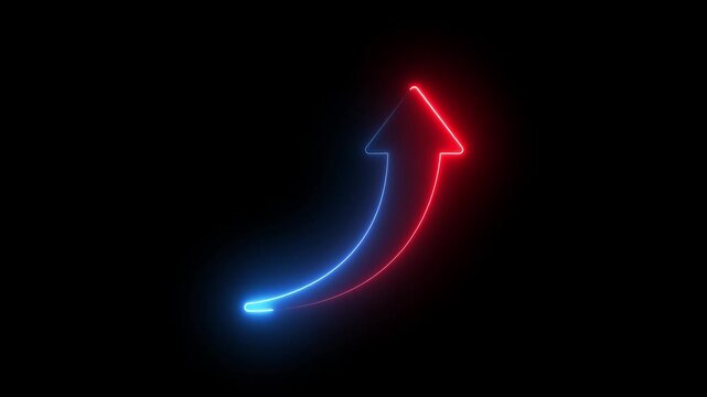 up arrow  animation in neon light, Glowing neon arrow pointing up, curved upward trend symbol with red and blue light effect on black background