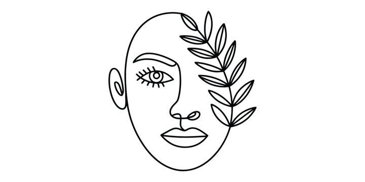 Minimalist continuous line drawing of a woman face with a plant leaf