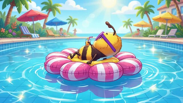 Generated video of a cute talking bee is sunbathing on a seabed in a swimming pool, in cartoon style, Generative AI