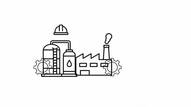 Animated outline of an industrial complex featuring a factory, oil storage tanks, and rotating gears, symbolizing production and energy.