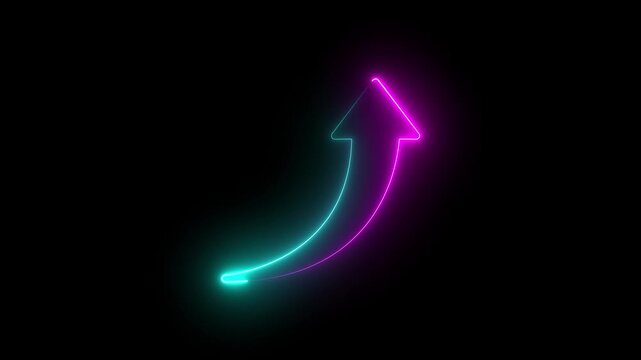 Neon glowing upward arrow with cyan and magenta gradient on black background concept of growth, success, and progress futuristic digital design element,up arrow  animation in neon light