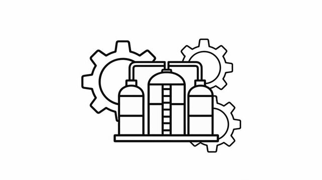 Animated line drawing depicting industrial processes with factory tanks, pipes, and rotating gears. Ideal for showcasing manufacturing, technology, and engineering concepts in a clean, modern style.